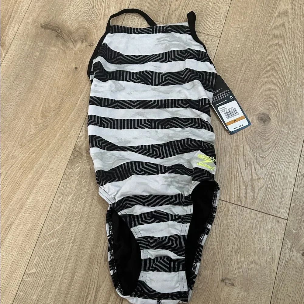 Speedo Endurance+ Racing Cut, White/Black Stripes Crossback, Size 24, NWT